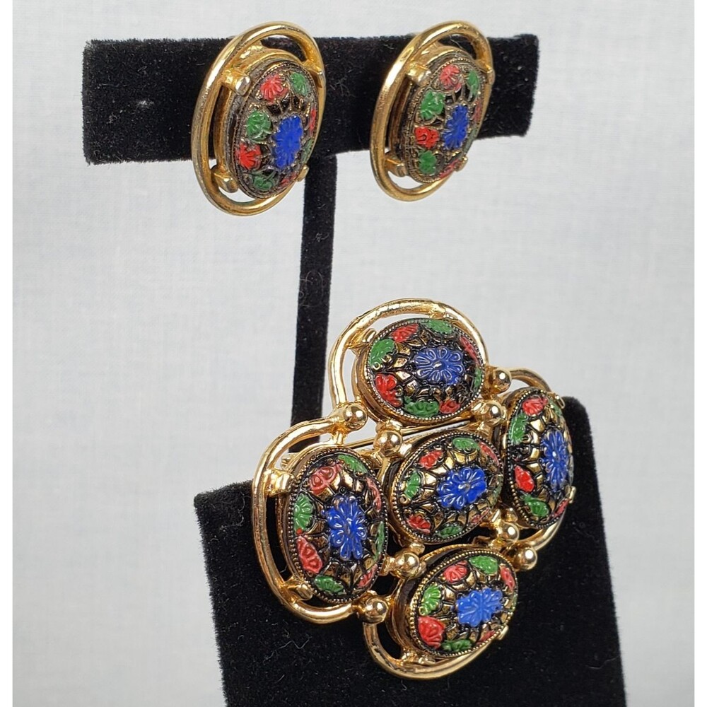 Vtg 1968 Sarah Coventry Light of the East Mosaic Brooch Clip Earrings Set MCM - Picture 4 of 16